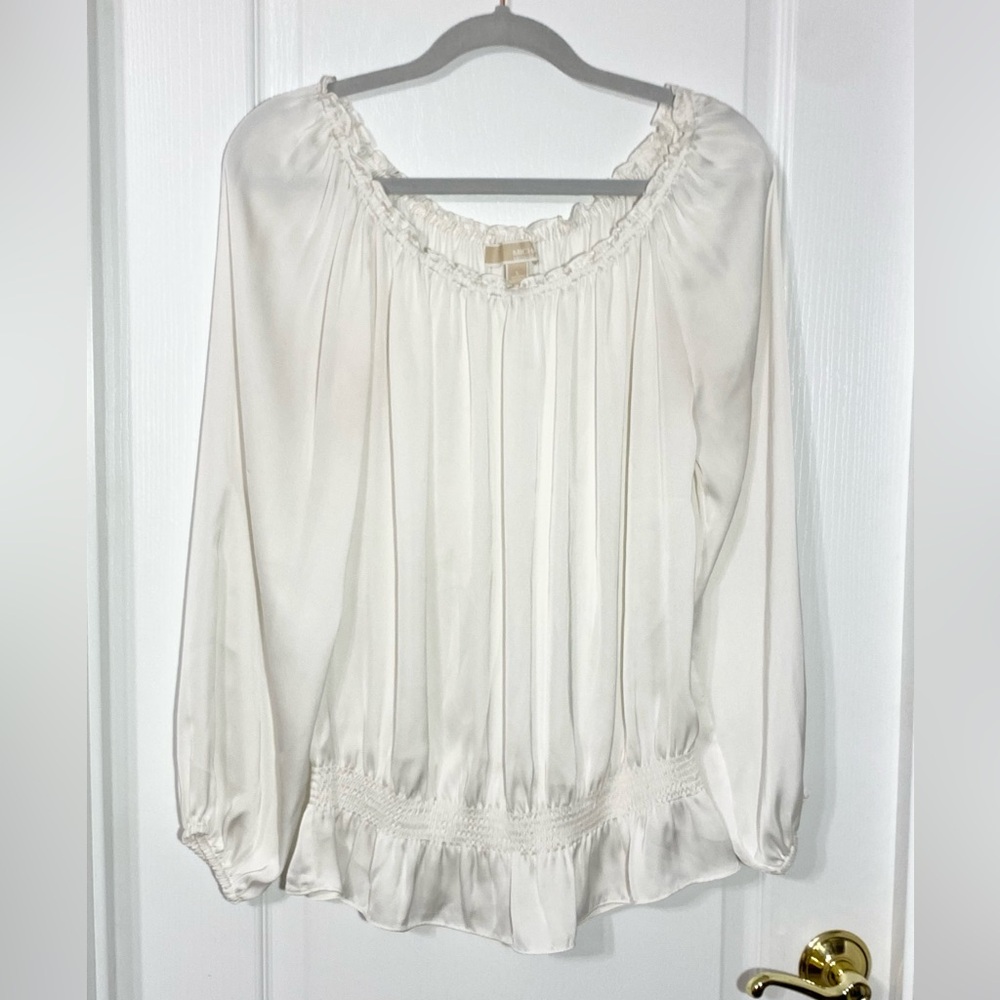 Michael Kors Off the Shoulder Satin Peasant Blouse White Large